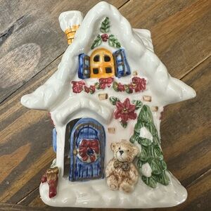 Holiday Ceramic House with Teddy Bear - Multicolor